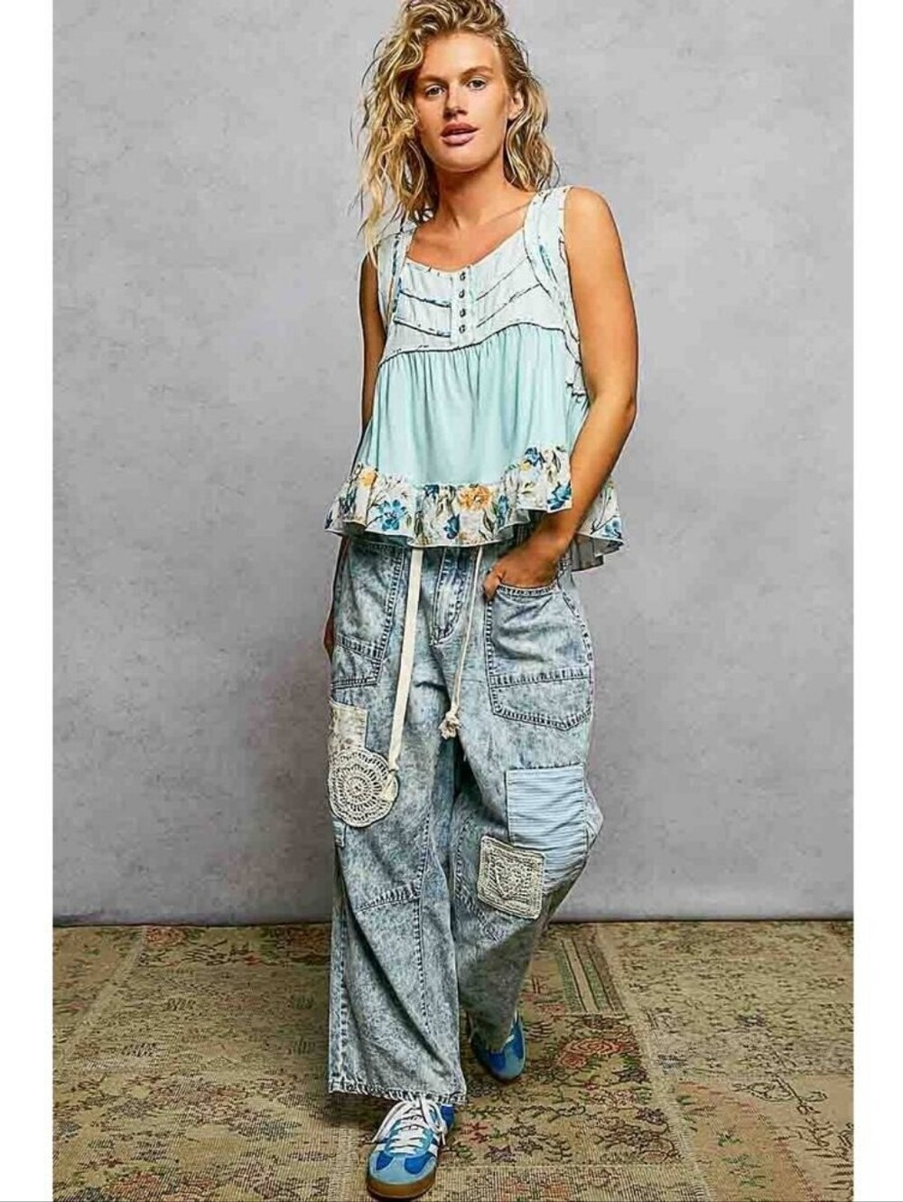 POL "Jersey" Square Neck Floral Trim Sleeveless Tank Top Blouse Sky Blue, S,M - Picture 4 of 5